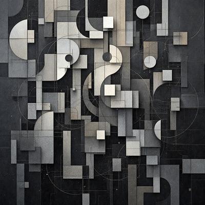 The primary subject of the image is a black and white artwork featuring a geometric pattern. The setting is a black background, and the visual style appears to be a combination of digital art and illustration. The dominant colors are black and white, creating a minimalist and modern atmosphere.